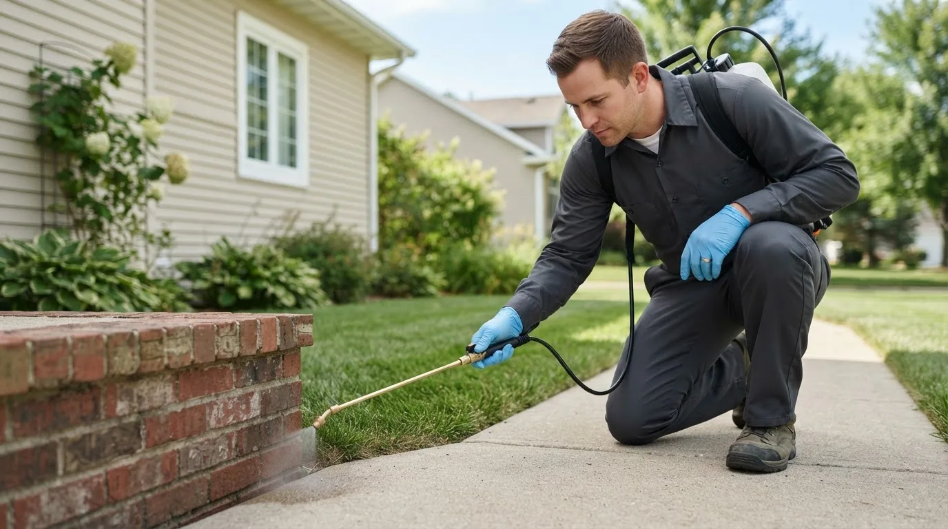 Pest control technician treating a home near Madbury, NH